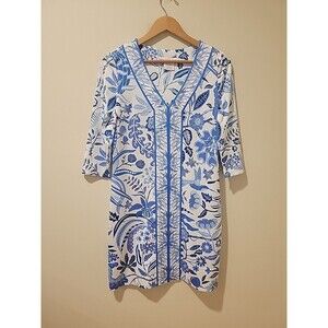 Gretchen Scott Bordertown Shift Dress S Blue Floral 3/4 Sleeve V-Neck Resort